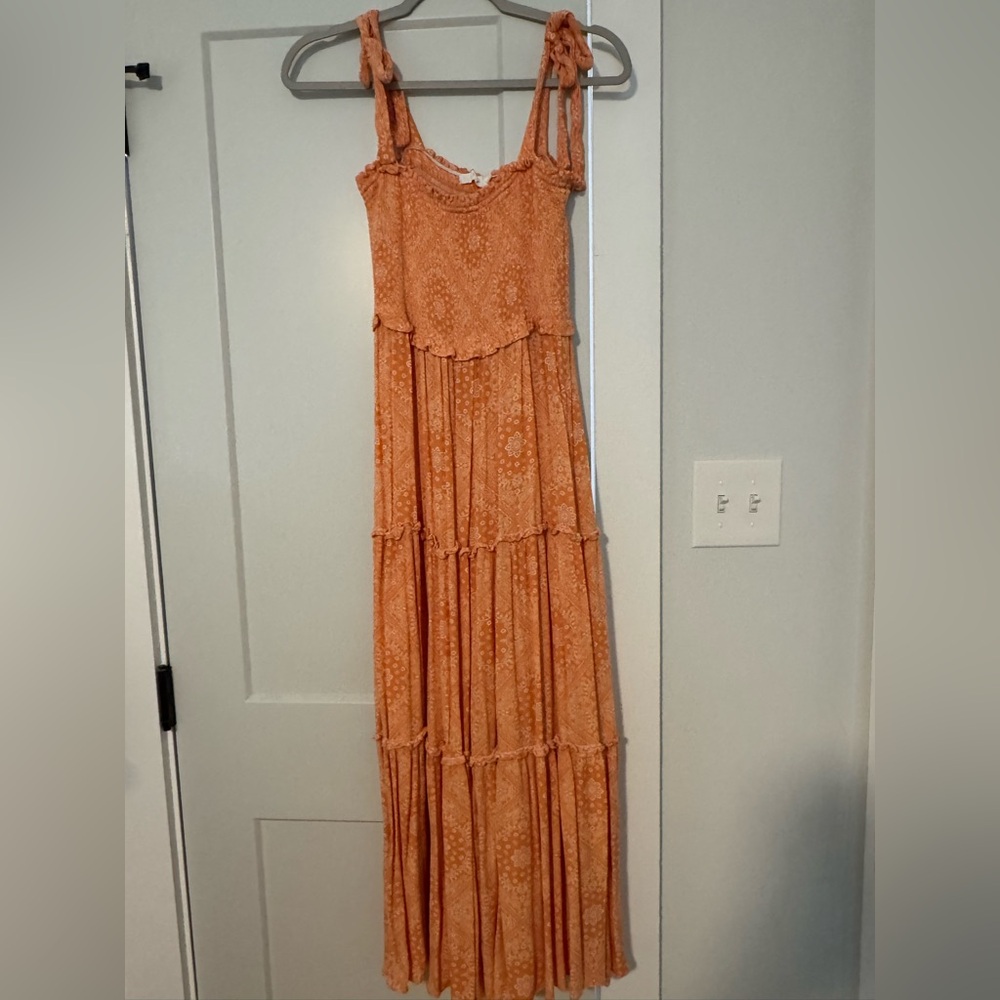 Lush Boho Tie-Shoulder Tiered Maxi Dress in Orange